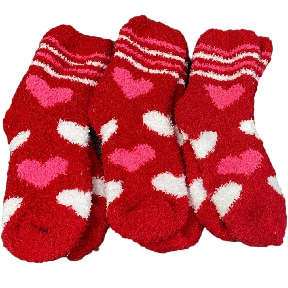 Fuzzy Heart Print Socks Red Pink White One Pair One Size NWT